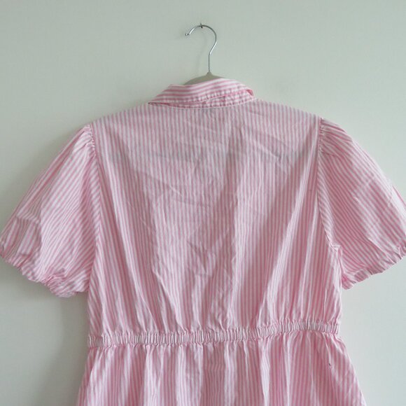 J. CREW Collared Puff Sleeve Mini Shirt Dress Striped Cotton Pink White Preppy - Picture 12 of 15